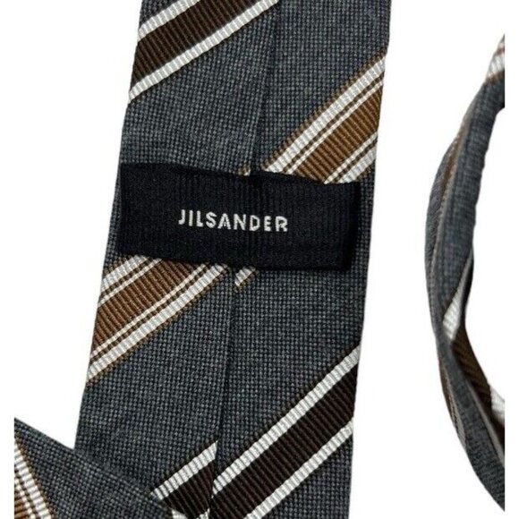 JIL SANDER Men JIL SANDER Men\'s Silk Cotton Necktie LUXURY Tie Gray Striped W:2.2\